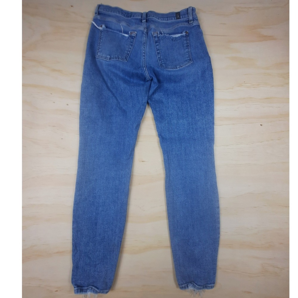 7 For All Mankind‎ The Ankle Skinny Jeans Medium Wash Distressed Raw Hem Size 28